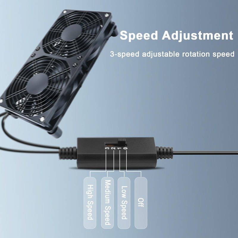 Quiet Dual 120mm USB Fan with 3-Speed Control, USB 5V Powered Cooling Case Fan, for Router TV Box Micro Computer