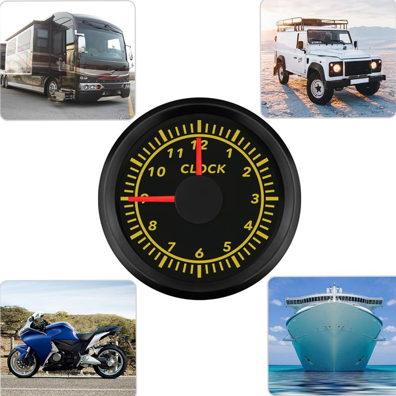2" /52mm Clock Gauge 12-Hour Meter with Backlight 12V 24V for Car Boat Sedan Motorbike Waterproof Type (Black&Black) Black&Black