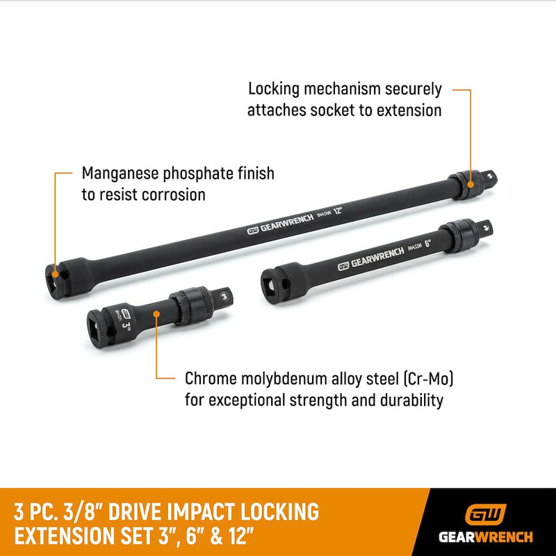 GEARWRENCH 3 Pc. 3/8" Drive Impact Locking Extension Set 3", 6" & 12" - 84927N One Size