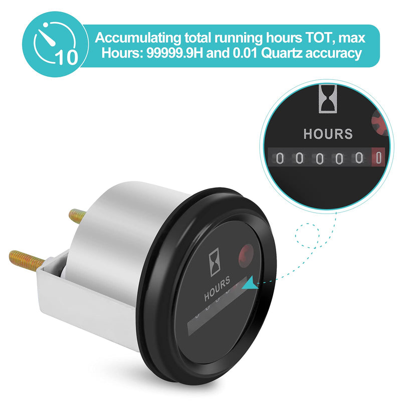 Quartz Hour Meter 12-36V DC AC, Boat Hour Meter, 12 Volt Hour Meter Round Hour for Boat Auto ATV UTV Snowmobile Lawn Tractors Generators Automotive Replacement Hour Meter Gauges