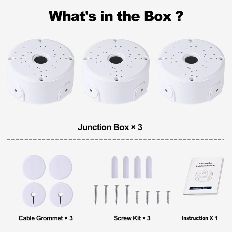 Universal Security Camera Junction Box Plastic, Cable Management Box 3-Pack | 4.72" Diameter 2.09" Deep, Wall Mount Hide Round Box for Outdoor Sheltered Dome/Turret/Bullet Cameras, DIY Drillable Design