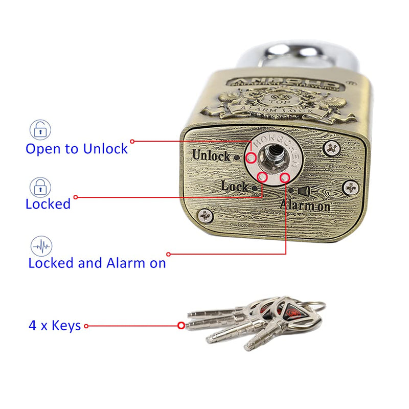 Alarm Padlock - Anti-Theft Heavy Duty Security Alarm Lock - 120db Alarm Sound & 4 Keys-Weatherproof Padlock for Storage Shed, Garage, Locker, Sliding Doors, Cabinets and More - Bronze (10 mm) 10 mm