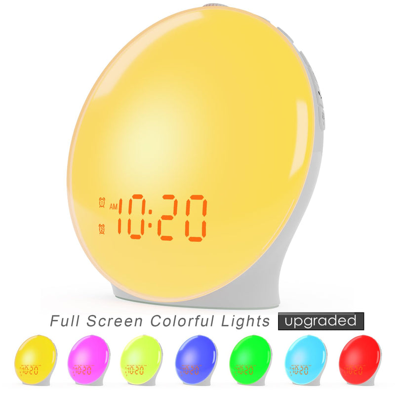 Wake Up Light Sunrise Alarm Clock for Kids, Heavy Sleepers, Bedroom, with Sunrise Simulation, Sleep Aid, Dual Alarms, FM Radio, Snooze, Nightlight, Daylight, 7 Colors, 7 Natural Sounds, Ideal for Gift White