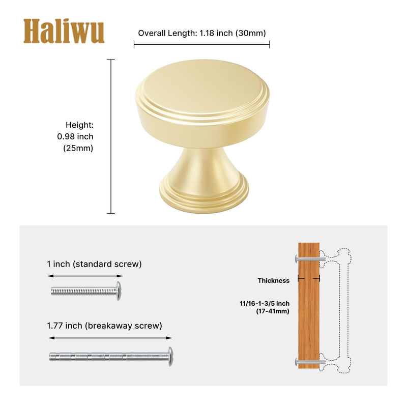 Haliwu 10 Pack Gold Cabinet Knobs Brushed Brass Drawer Knobs, Round Gold Cabinet Handles, Single Hole Kitchen Drawers Handles, Aluminum Alloy Hardware for Dresser Cupboard Brushed Gold