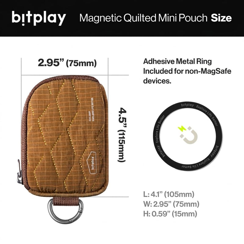 bitplay Magnetic Quilted Mini Pouch, Magsafe Compatible Phone Pouch, Everyday Carry Card Holder with Key Slot, Adhesive Metal Ring Included, Green