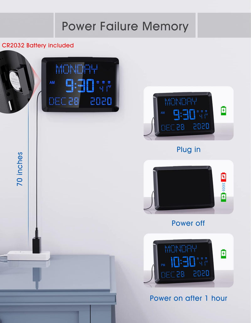 11.5" Large Display Digital Calendar Clock for Seniors, Digital Clock with Date and Day of Week for Elderly, 3 Alarms, 5 Dimmer, Temperature, Alarm Clock for Bedroom Living Room Blue Font