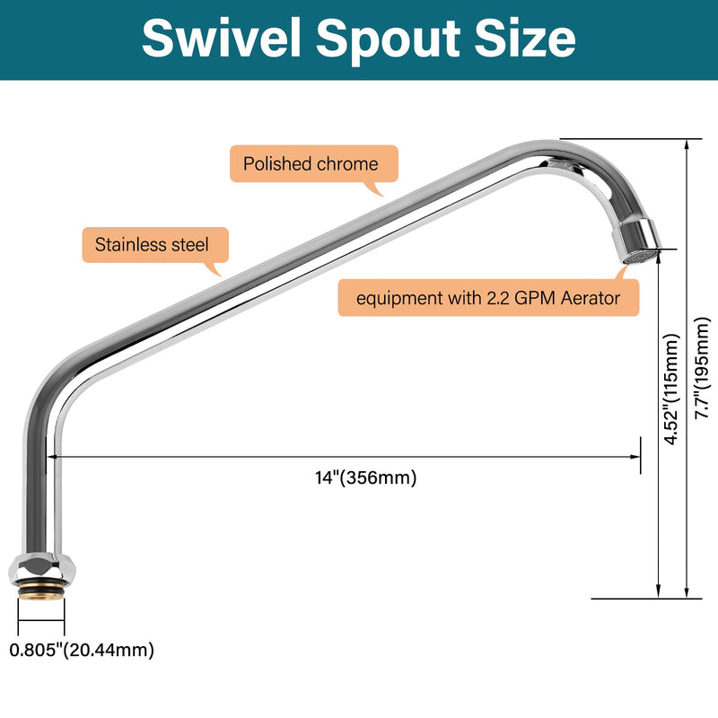 14"Brass Swivel Swing Nozzle Spout Replacement Kit for Most T and S Commercial Kitchen Sink Faucet, 14" Spout Reach with MAX 2.2 GPM Aerator