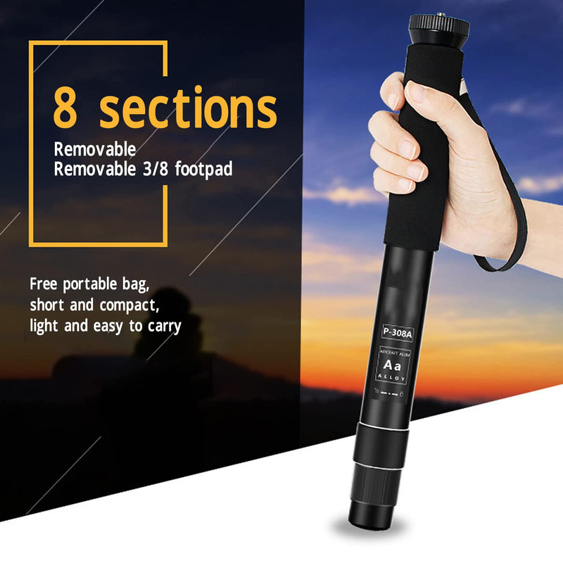 63Inch Camera Monopod, P308A 8 Sections Telescopic Video Monopod with Feet, Portable Travel Selfie Stick, Telescopic Extension Pole, Hiking Stick Monopod