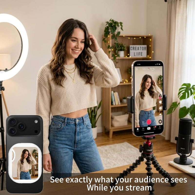 Vlog Selfie Monitor Screen for iPhone 7-17 Series and Android | 100+ft Encrypted Private P2P Wireless, Magnetic Back Camera Monitor, Rotate 180° for TikTok, YouTube, Vlog Photo,Video Kits White