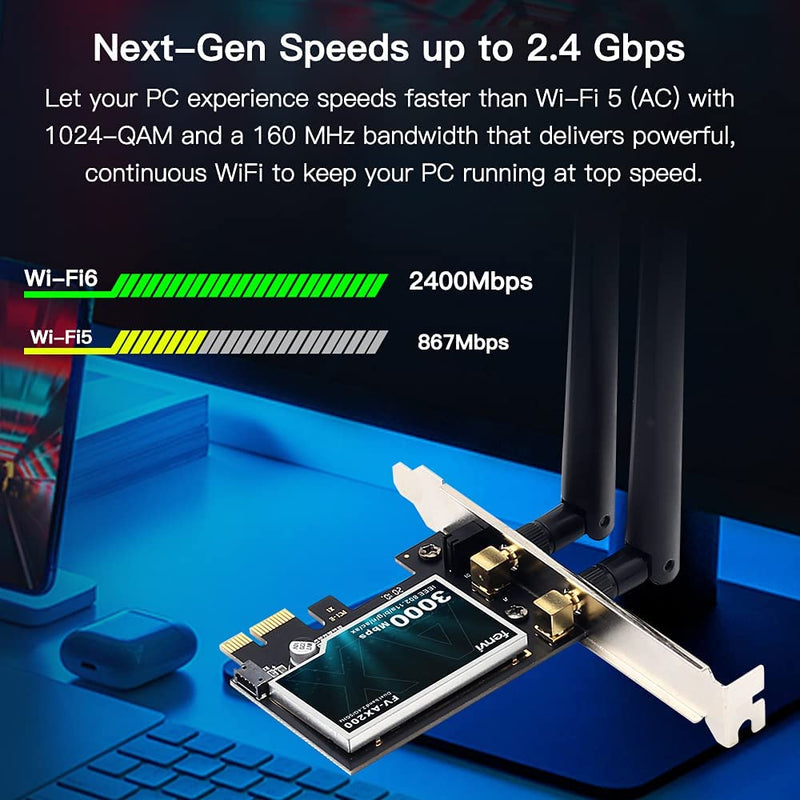 WiFi 6 AX200 AX200NGW Desktop PCI-E Wireless Adapter Dual Band BT5.2 3000Mbps WiFi 802.11ax PCIe Network Card for AX ax11000 Router MU-MIMO Gigabit Speed 4k 8k Video Gaming for PC Windows 10,11 64 bit