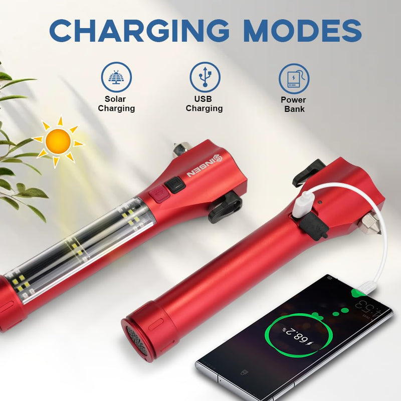 SINSEN Emergency Flashlight for Car, Seatbelt Cutter Window Breaker, 16-in-1 Multifunctional Safety Tool—Glass Hammer/Bright Solar Torch/Rechargeable/Rescue Alarm & Beacon/Repair Magnet Red 7.8in