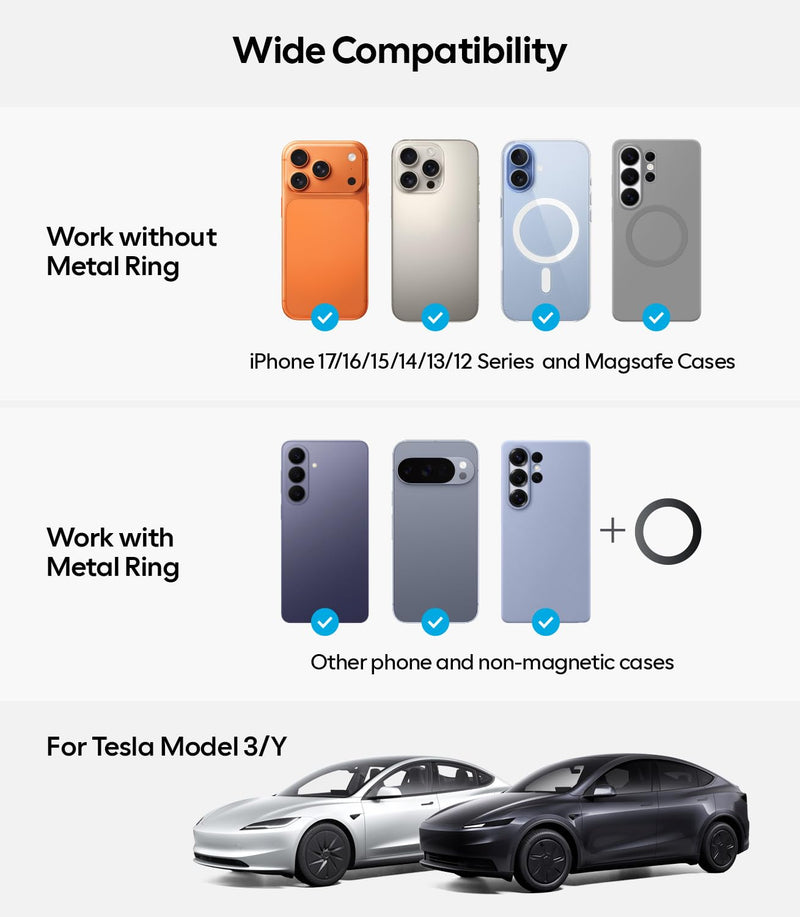 for Tesla Model 3/Y/YL/X/S Phone Mount, OEM-Style, Strongest Magnet | 360° Rotation Foldable Hidden Phone Holder, for Magsafe iPhone 17-12 Series, Tesla Model Y Model 3 Accessories