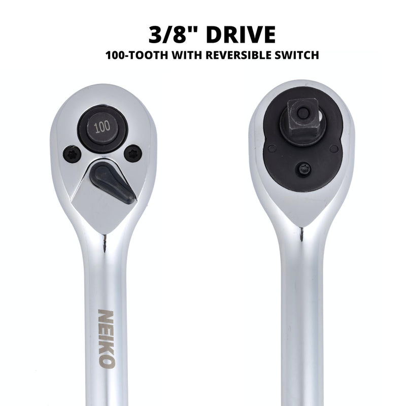 NEIKO 3/8 Inch Ratchet Wrench, 100-Tooth Reversible, 3.6 Degree Swing, Quick Release, 8" Long Handle, Silver Chrome Vanadium Steel 3/8" Drive 8" Length, 100-Tooth