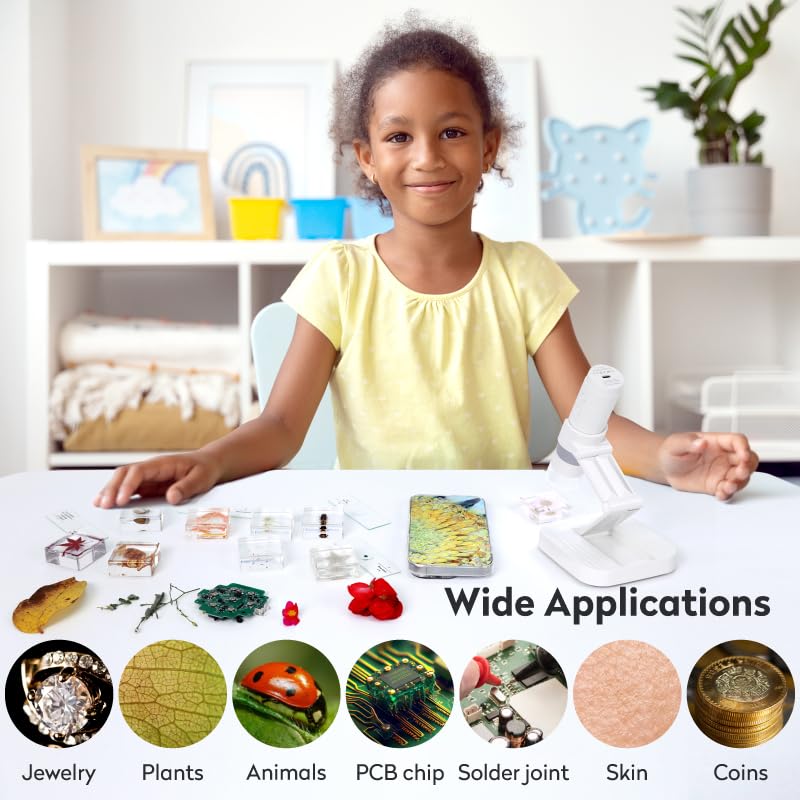 M2C Wireless Digital Microscope 50X-1000X Handheld Portable Microscope 1080P HD with Adjustable Stand, USB Coin Microscope Camera Magnifier Compatible with iPhone Android iPad & PC, White
