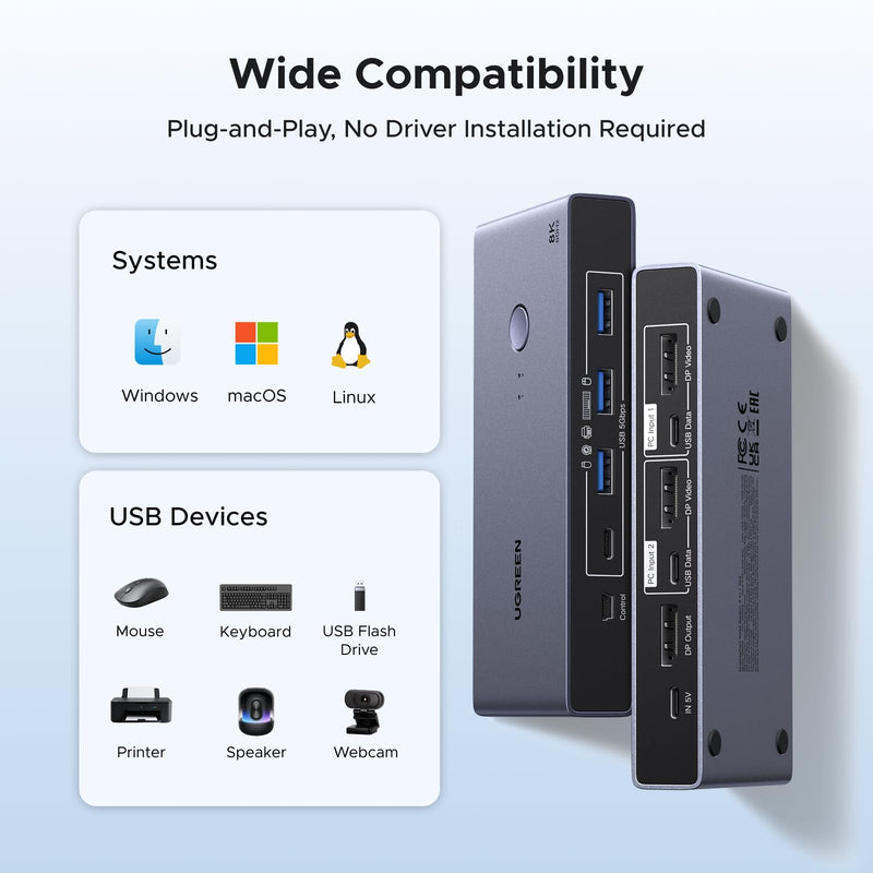 UGREEN 8K@60Hz Displayport KVM Switch 1 Monitors 2 Computers, Aluminum | with 4 USB 3.0 Ports, Support 4K@240Hz, Share One Monitor Keyboard Mouse U-Disk Printer, with 2 USB Cables, no EDID Emulation