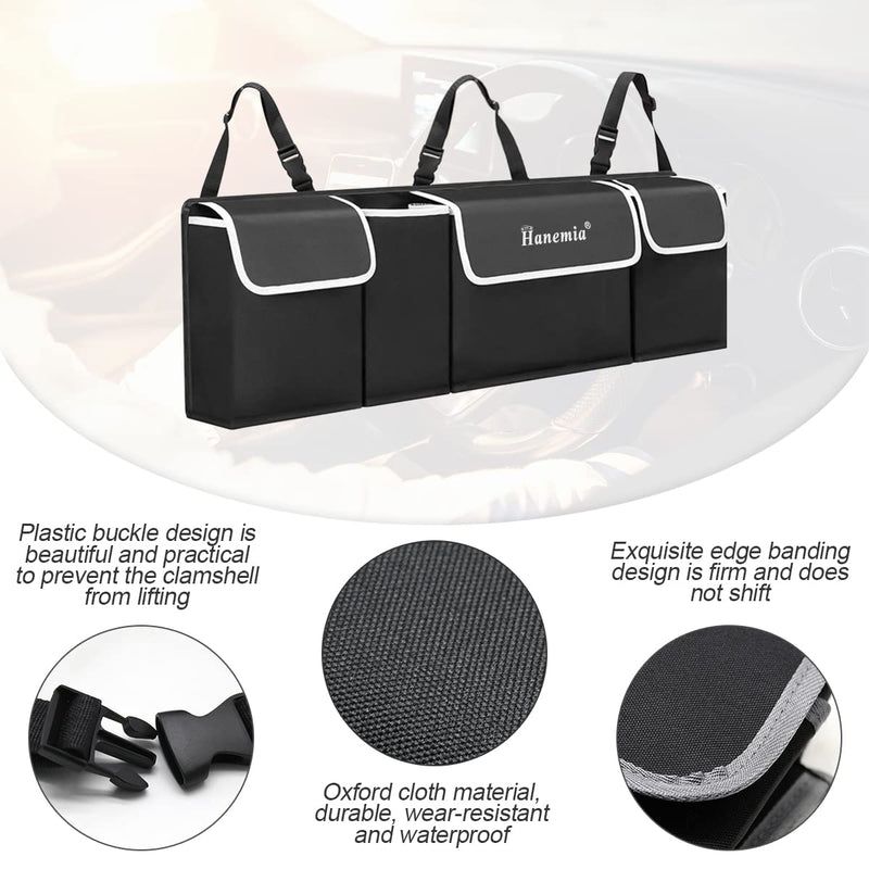 Car Trunk Organizer and Storage, Backseat Hanging Organizer for SUV, Truck, MPV, Waterproof, Collapsible Cargo Storage Bag with 4 Pockets, Car Interior Accessories (Black) Black