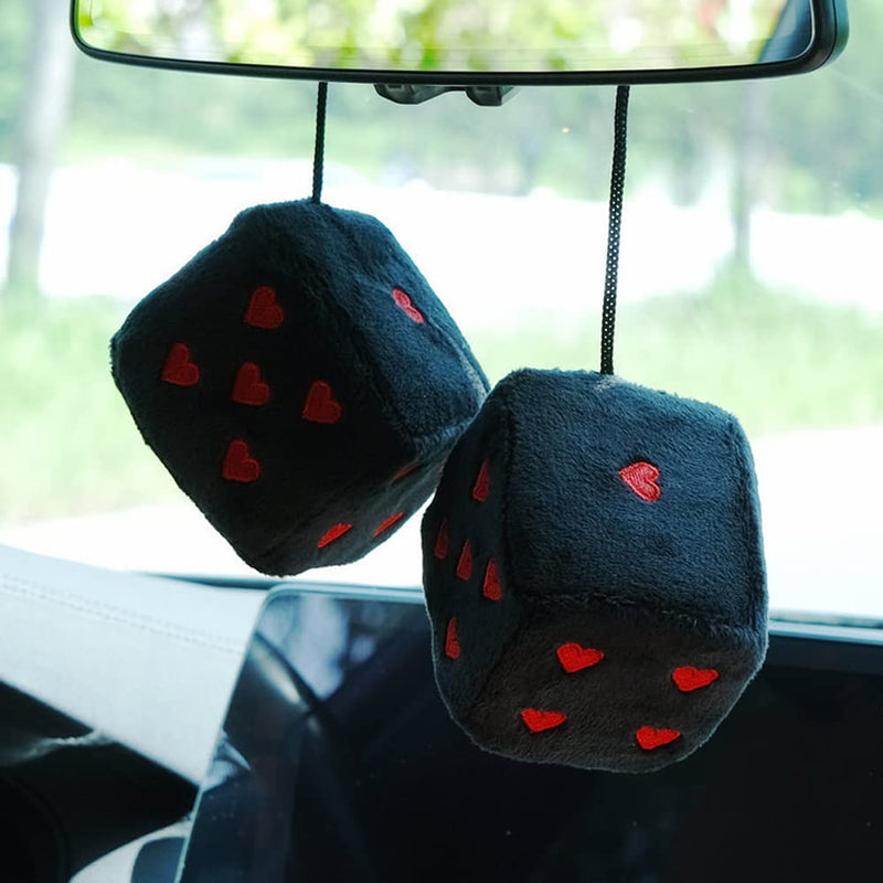 Pair 3” Fuzzy Plush Dice Heart Shape Decor for Car Rearview Mirror, Retro Square Decoration Dice for Car Hanging Accessories (Black-Red) Black-red