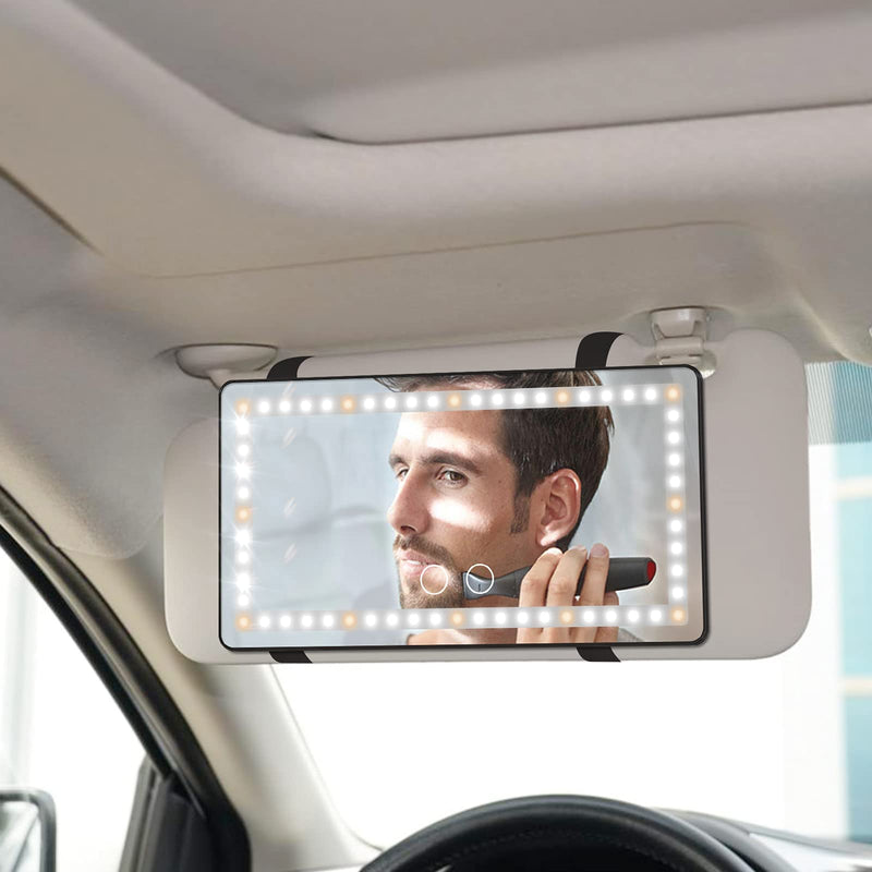 Car Sun Visor Vanity Mirror, with 3 Light Modes & 60 LEDs - Rechargeable Dimmable Clip-on Rear View Sun-Shading Cosmetic Makeup Mirror, Universal for Car SUV(Black) Black