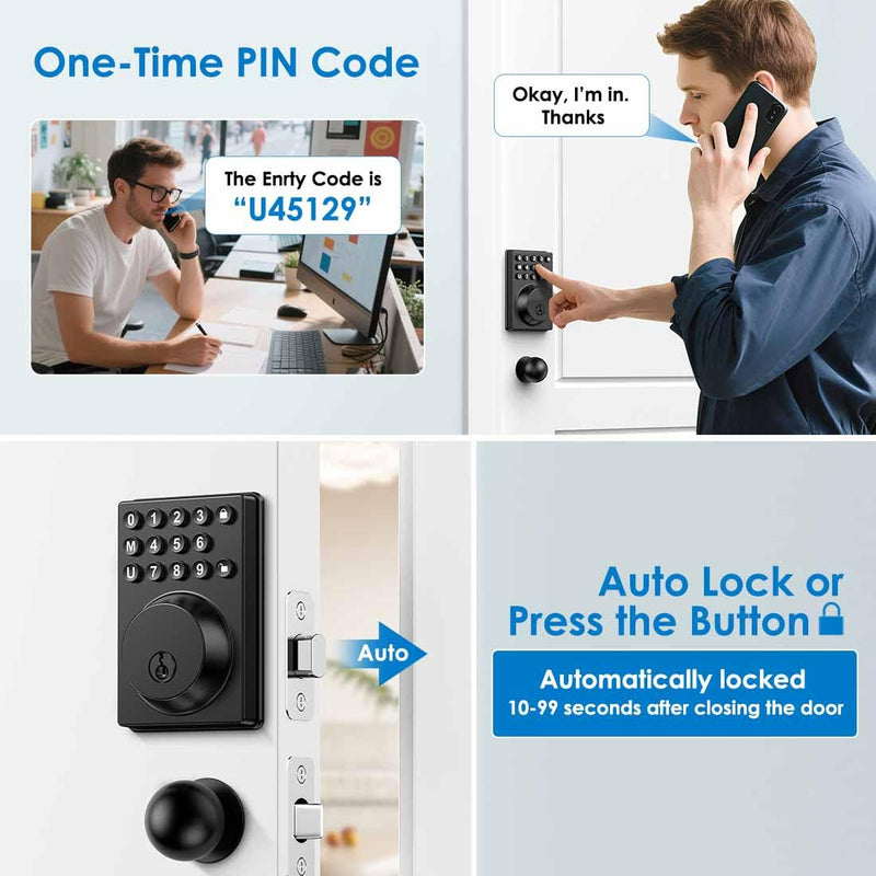 Keyless Entry Front Door Lock Keypad Deadbolt Matte Black with Latest One-Touch Simplified Program and Advanced Security Auto Lock Easy Installation 2 Spare Key