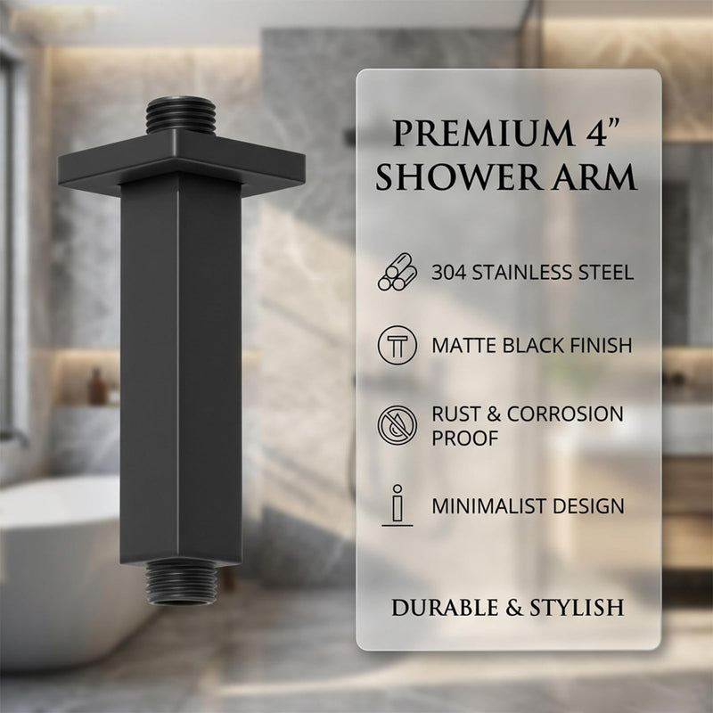 Matte Black Shower Arm with Flange Square Stainless Steel Ceiling Mount Shower Extension Arm Pipe for Shower Head, 4 inch Short Matte Black