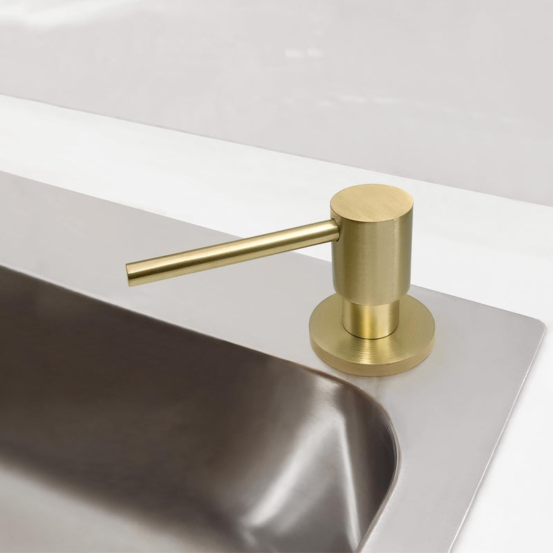Brushed Gold All Brass Sink Soap Dispenser for Kitchen Sink Deck Mounted with 17 OZ Above The Sink Refillable PET Bottle Brass Pump Head in Counter Dish Soap Dispenser Brushed Gold Short Pump Head