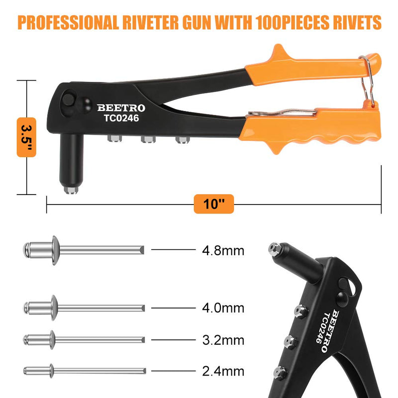 BEETRO Heavy Duty Hand Riveter, Rivet Gun, 3/32"-1/8"-5/32"-3/16", 4 Nosepieces Set Includes 100pcs Rivets, Durable and Suitable for Metal, Plastic and Leather 10.5'' Rivet Gun