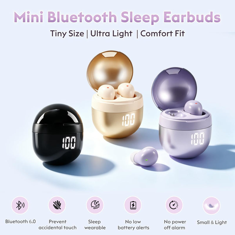 Mini Sleep Earbuds Bluetooth 6.0 Invisible Small Ear Buds for Side Sleepers | Cute Purple Design, Ultra Light 0.08oz, No Low Battery Beeps, Comfort Small Fit Wireless Sleep Headphones for Small Ears Work