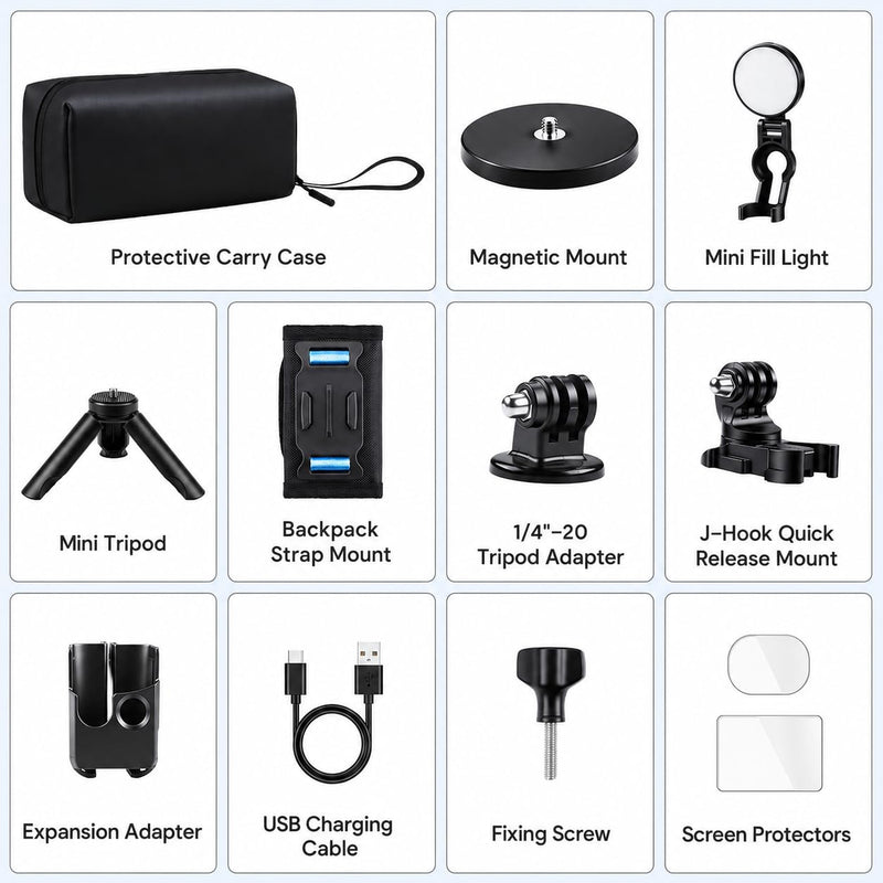 11-in-1 Accessories Kit Compatible with DJI Osmo Pocket 3/Xtra Muse Camera | with Portable Carrying Case, Magnetic Mount Stand, Fill Light, Mini Tripod, Backpack Strap Mount and Screen Protector