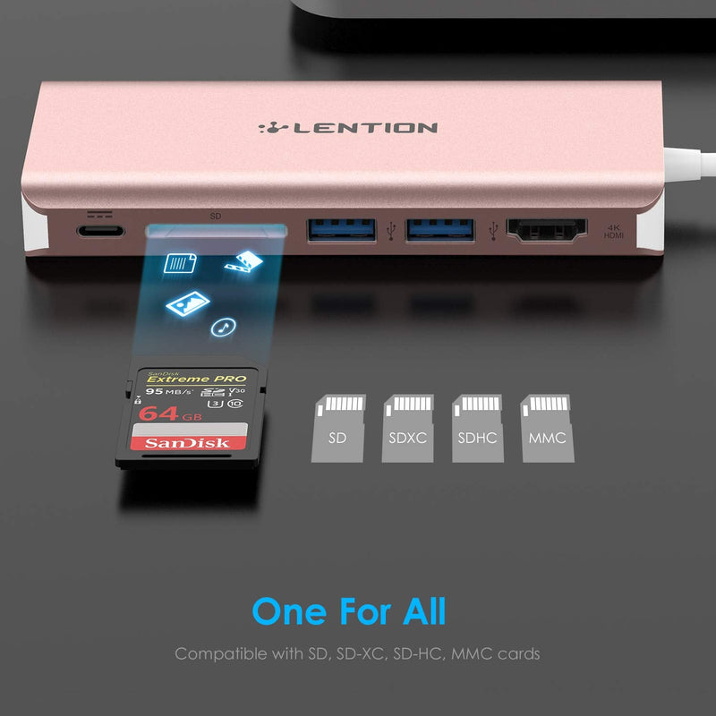 LENTION USB C Hub with 4K HDMI, SD Card Reader, 2 USB 3.0, Type C Charging & Ethernet Compatible 2023-2016 MacBook Pro, New Mac Air/Surface/Steam Deck, More, Stable Driver Adapter (CB-C68, Rose Gold)