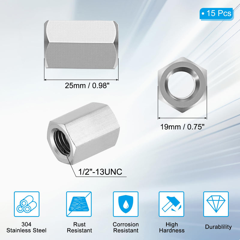 PATIKIL 1/2"-13 UNC 304 Stainless Steel Hex Coupling Nuts, 15Pcs 1" Length Fully Threaded Rod Coupling Nut Studding Connector Fasteners, Silver Tone 1/2"-13 x 1" 15