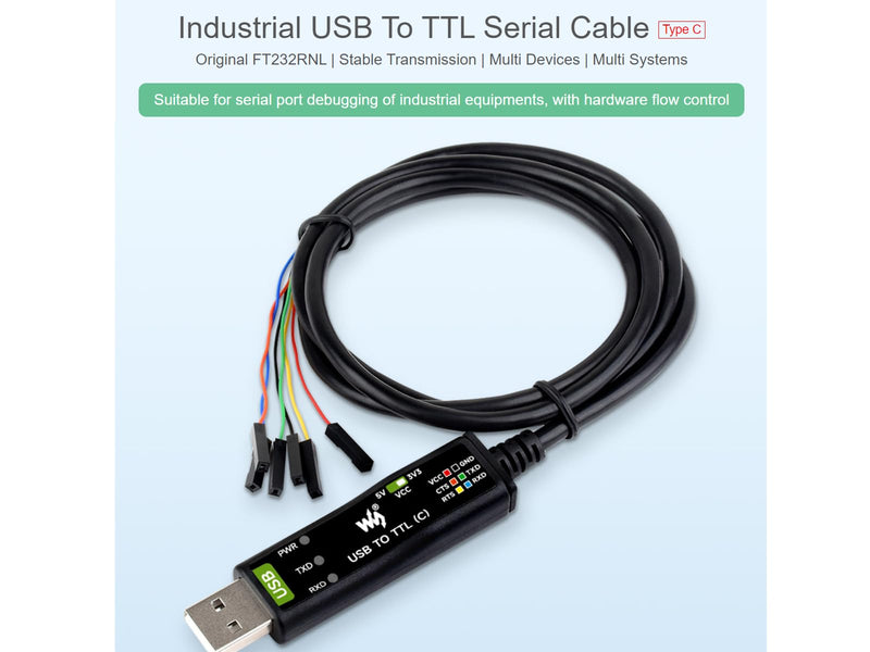 waveshare Industrial USB to TTL 6pin Serial Adapter Cable, USB to TTL (C) Converter Onboard FT232RNL Chip,Compatible with Win11/10/8.1/8/7,Mac, Linux, Android,3.3V/5V Voltage Level Switching