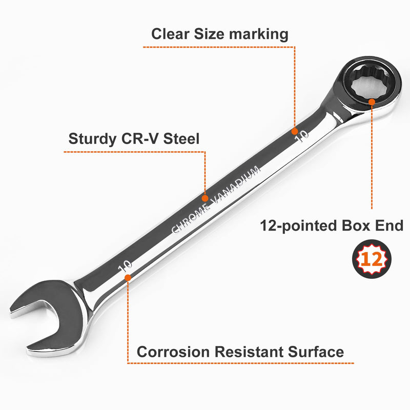 Egofine 10mm Ratchet Wrench, Ratcheting Combination Wrench Metric 10mm Wrench, Industrial Grade Gear Spanner with 12-Point Design, 72-Tooth Ratchet, Chrome Vanadium Steel
