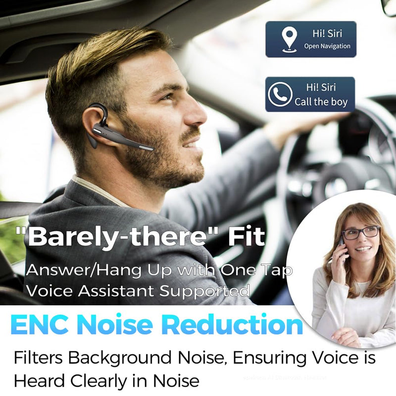 AI Bluetooth Headset Wireless Bluetooth Headphone Earphone Earpiece with Translation, Noise Cancelling, Last 72H, Single-Ear Earbuds with Microphone, for Phone/PC/Laptop, Daily/Office/Trucker Classic Black