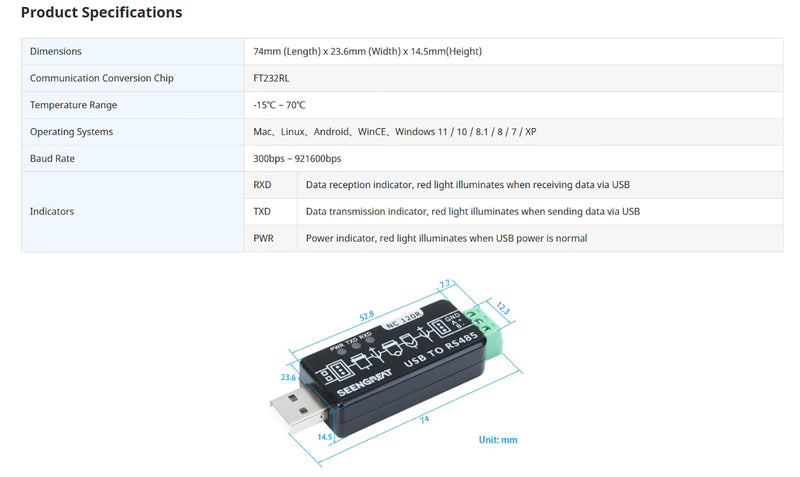 USB to RS485 Converter Industrial Bidirectional Converter RS485 to USB Original FT232RL & SP485EEN Fast Communication with Protection Circuits ESD Protection