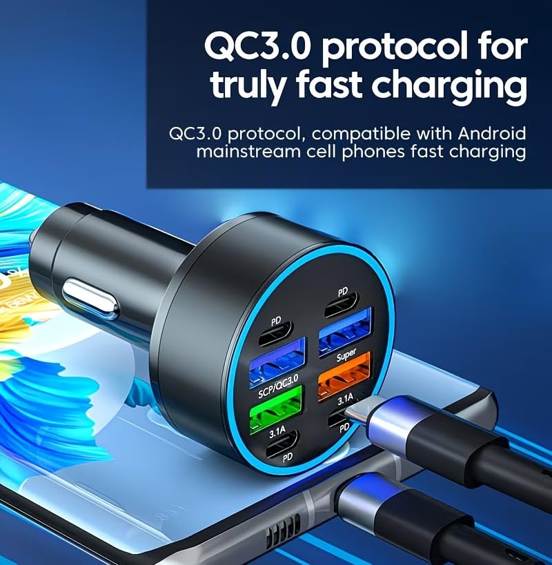 8-in-1 Phone Charger QC3.0 Fast Charge, Dual PD USB Outputs, Compact Portable for Home and Car Use, Black