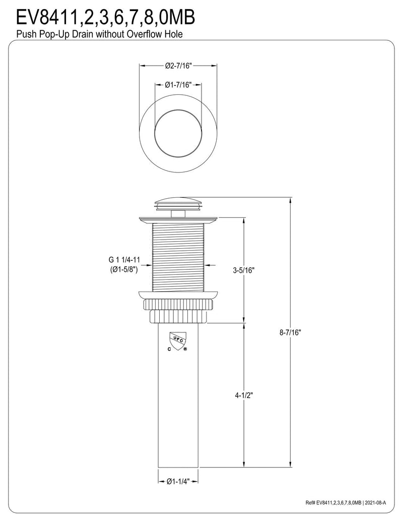 Kingston Brass EV8416 Coronet Push Pop-Up Bathroom Sink Drain Without Overflow, Polished Nickel 8.44 x 2.44 x 2.44