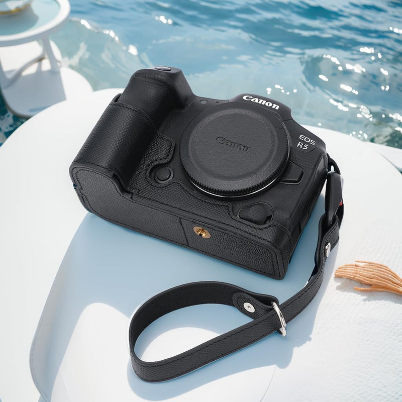 for Canon EOS R5 Camera Case,Handmade Genuine Real Leather Half Camera Case Bag Cover for Canon EOS R5 Camera Bottom Opening Version + Hand Strap (Black) black