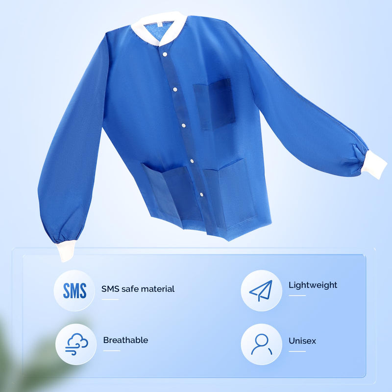 JMU 10-100 Pack Disposable Lab Jackets, SMS Disposable Medical Jackets for Adult, Knit Cuffs Collar, 3 Pockets Medium Dark Blue