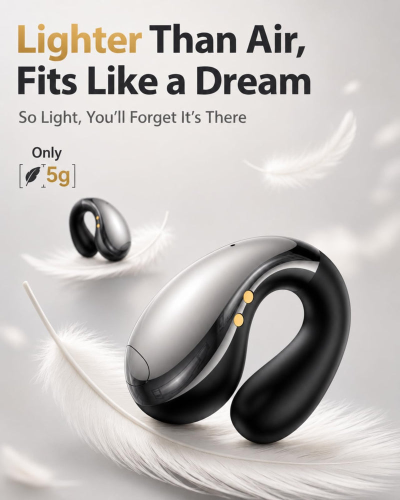 Boytond Ultra Open Ear Earbuds - Ergonomic Clip-On Earbuds, Small Bone Conduction Over-The-Ear Headphones with Waterproof Design, Perfect Running Headphones for Sports and Fitness, Gloss Black