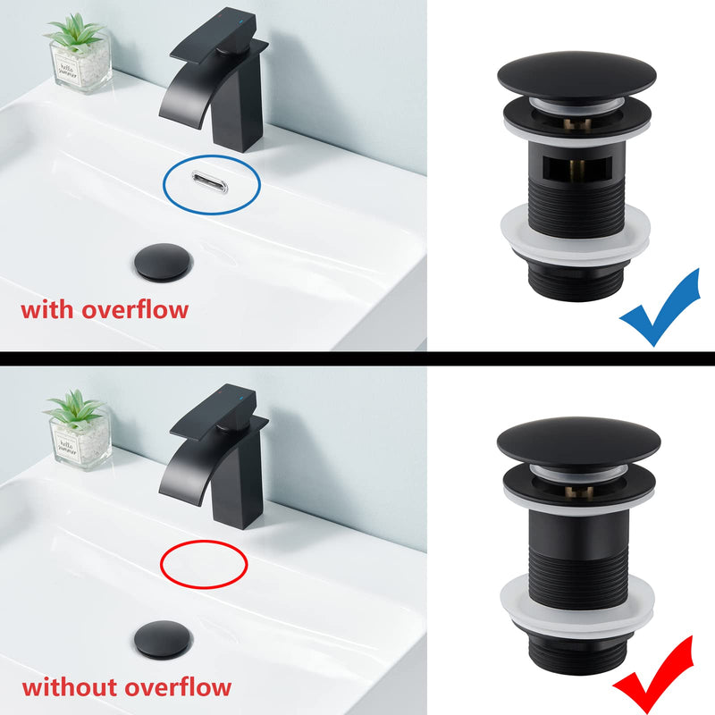 Brass P Trap with Bathroom Sink Stopper : 1-1/4 Sink Drain Bottle Trap Set with Overflow - Adjustable Height, Matte Black - Complete Basin Sink Plumbing Kit for Pipe Replacement Black - With Overflow