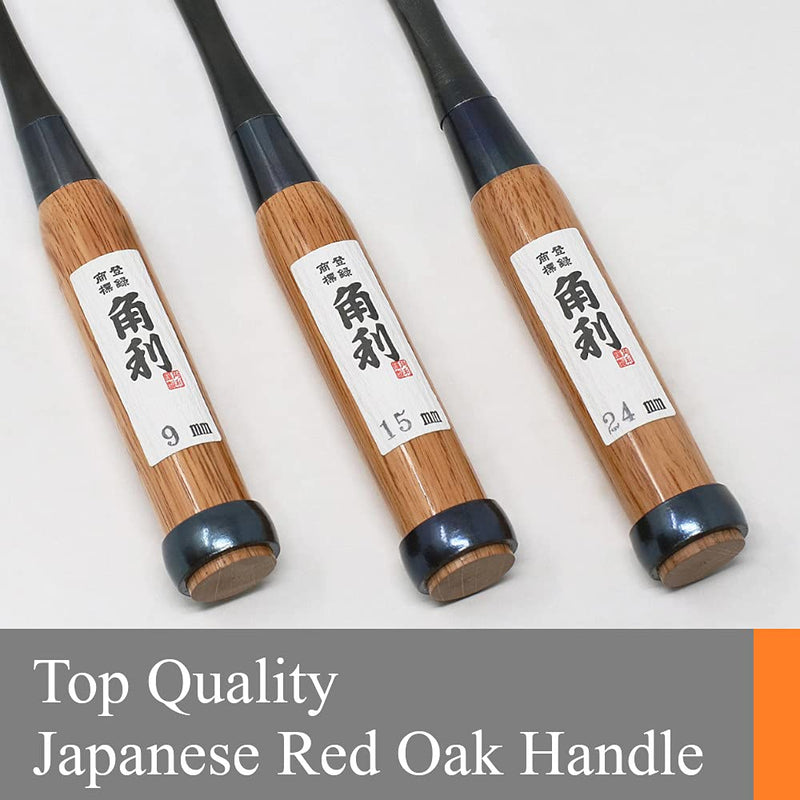 KAKURI Japanese Wood Chisel Set [Long Handle] 3 Piece for Woodworking, Made in JAPAN, Japanese Oire Nomi for Carve, Mortise, Dovetail, Sharp Japanese Carbon Steel, Red Oak Wood Handle Evergreen Oak