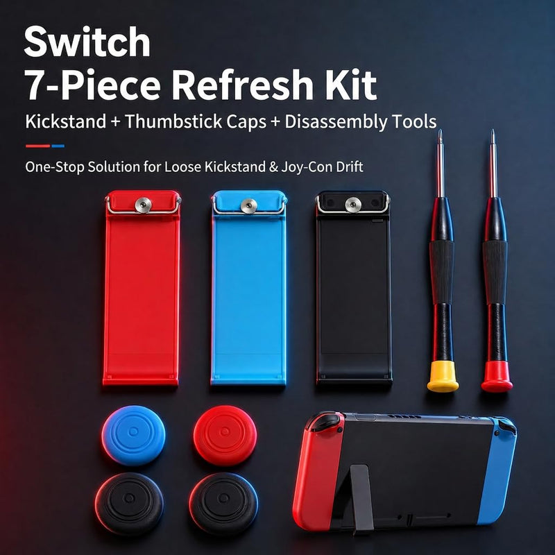 7 Pcs Kickstand Replacement for Nintendo Switch, Kickstand Replacement Back Stand Holder with 3 Colors Kickstand and 4 Thumbstick Caps, Durable Console Accessories with Screwdrivers