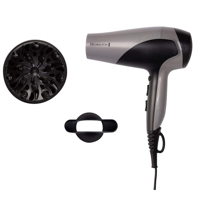 Remington Ionic Dry Hair Dryer 2200W, Silver, Diffuser, 3 Heat Settings | Includes Concentrator, Cool Shot Feature, D3190S Model, Ionic Conditioning, 2 Speed Settings for Versatile Styling