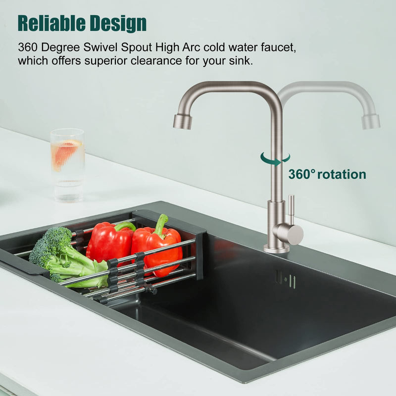 Heyalan Faucet Cold Water Only Single Lever Handle SUS304 Sink Bar Tap 360 Degree Swivel Spout Decked Mounted Longer Thread Pipe,Brushed Nickel Brushed Nickel