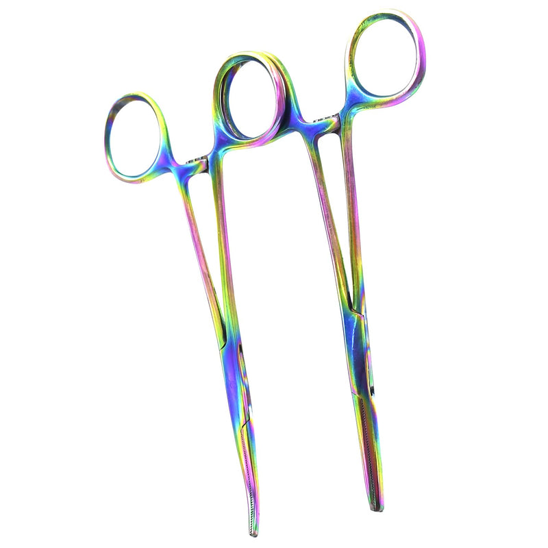 2 Hemostat Curved and Straight Hemostat Forceps Piercing Pliers Multi Color Rainbow Forceps with Serrated Jaws, 5.5 Inch Stainless Steel Straight and Curved Pliers,Fishing Tweezer Hemostats