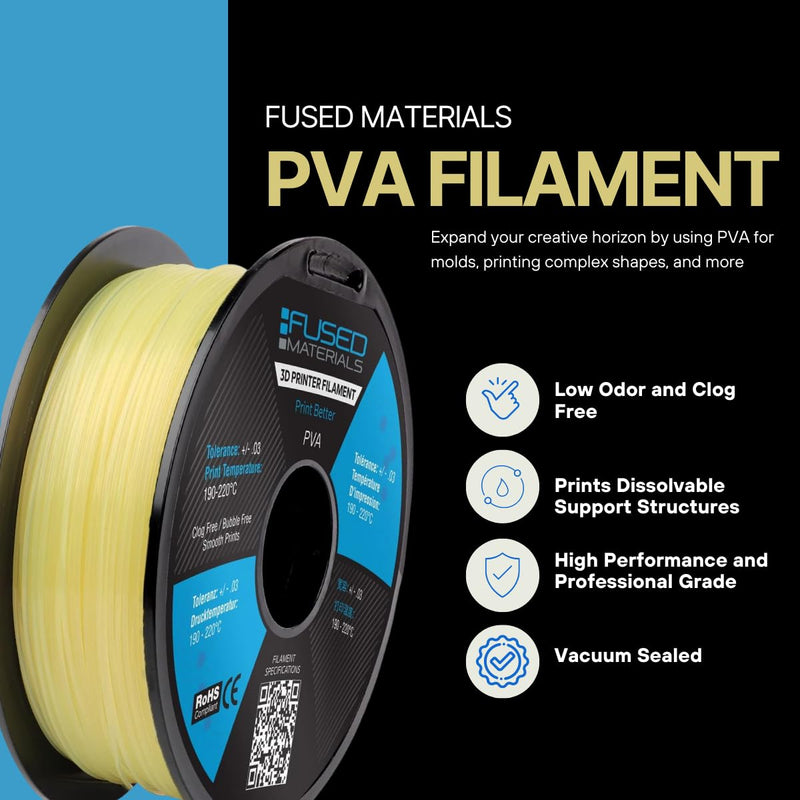 Fused Materials PVA Filament 1.75mm – Water-Soluble Support Material for 3D Printing – Compatible with Bambu Lab, Polymaker, Overture, and More – Works with PLA, PETG, Nylon, ABS – Clear & Transparent Clear, 1.75mm, 0.5kg