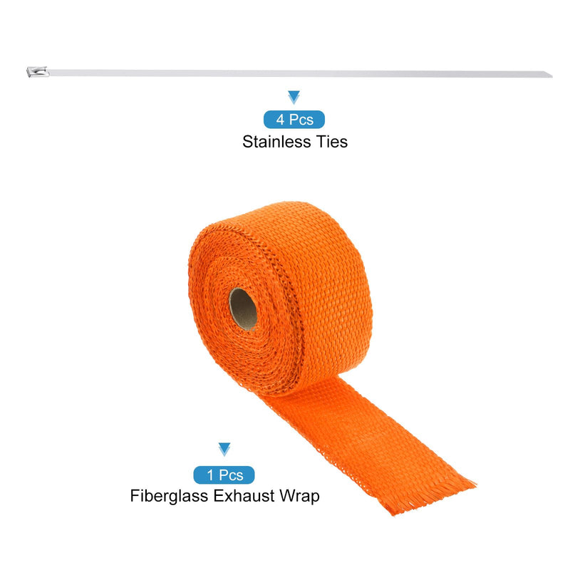 MECCANIXITY Fiberglass Exhaust Wrap Tape, 2" x 16' Orange Header Heat Wrap with 4 Stainless Ties for Hot Rods and Motorcycle 2" x 16'