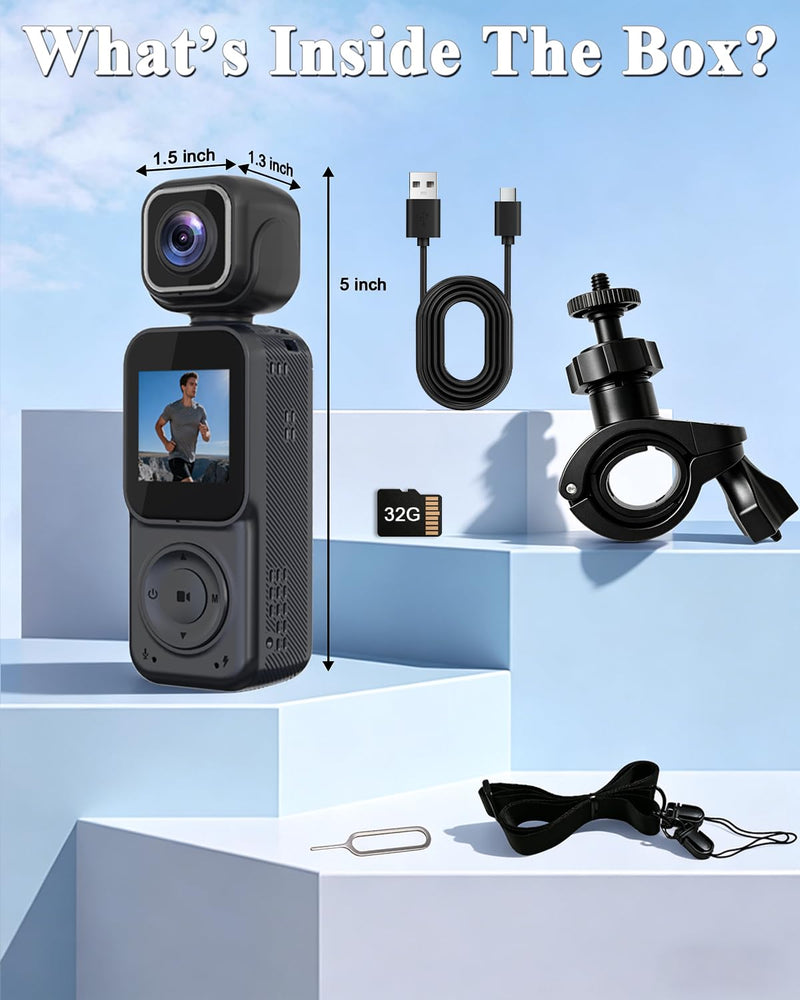 4K Vlogging Camera Pocket Action Cameras with Dual-Lens Mini Body Cam | Audio & Video Recording POV Handheld Camera wtih 32GB Card for Travel, Blogging, Daily Recording