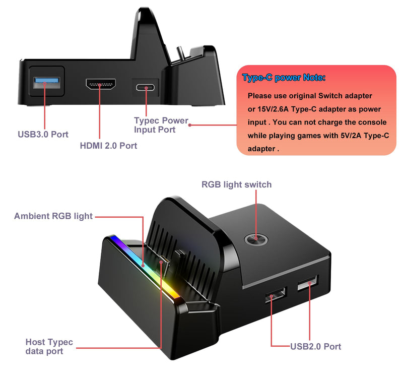 Switch Docking Station Switch Dock for Nintendo, Portable Switch TV Adapter Support 4K/60HZ Switch TV Dock Mode Compatible Switch/Switch OLED, Switch Travel Dock with HDMI2.0 USB3.0 Port