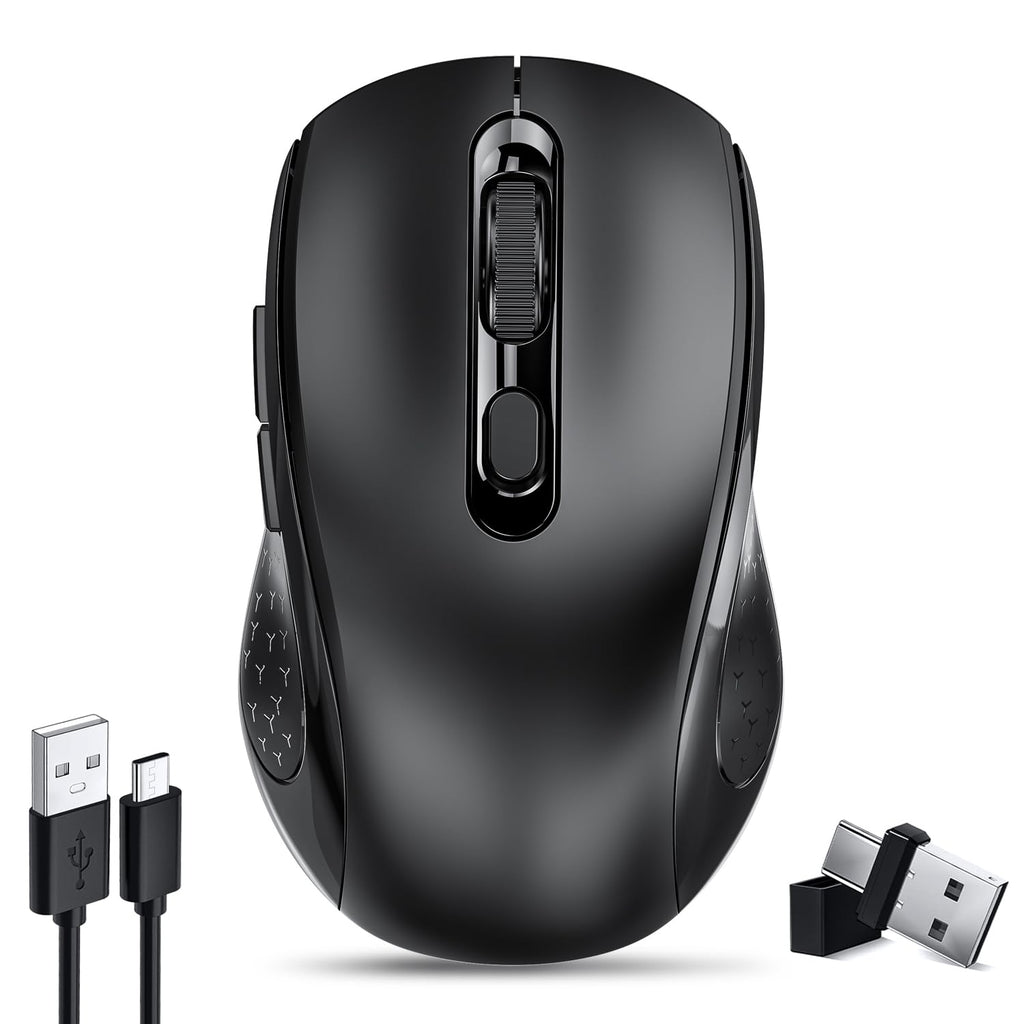 Wireless Computer Mouse With BT5.0 & USB-A & USB-C 2in1 Dual Receiver 6 Buttons,Bluetooth Mouse Rechargeale for PC-Compatible with TypeC & USB Port Devices/MacBook Pro/Air/Mac/iPad/Chromebook/Laptop grayblack